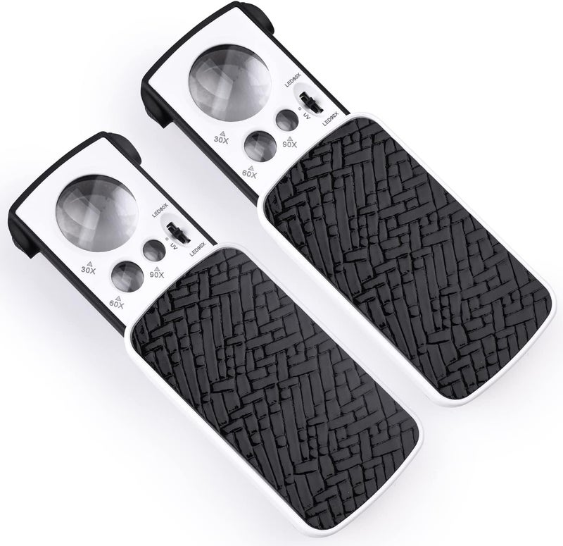Amoper 2 Pieces 30X 60X 90X Jewelers Loupe, Slide-Out Lighted Eye Loupe Magnifying Glass with 3 Light for Coins Gems Jewelry Rocks Watches (Black) - Image 1